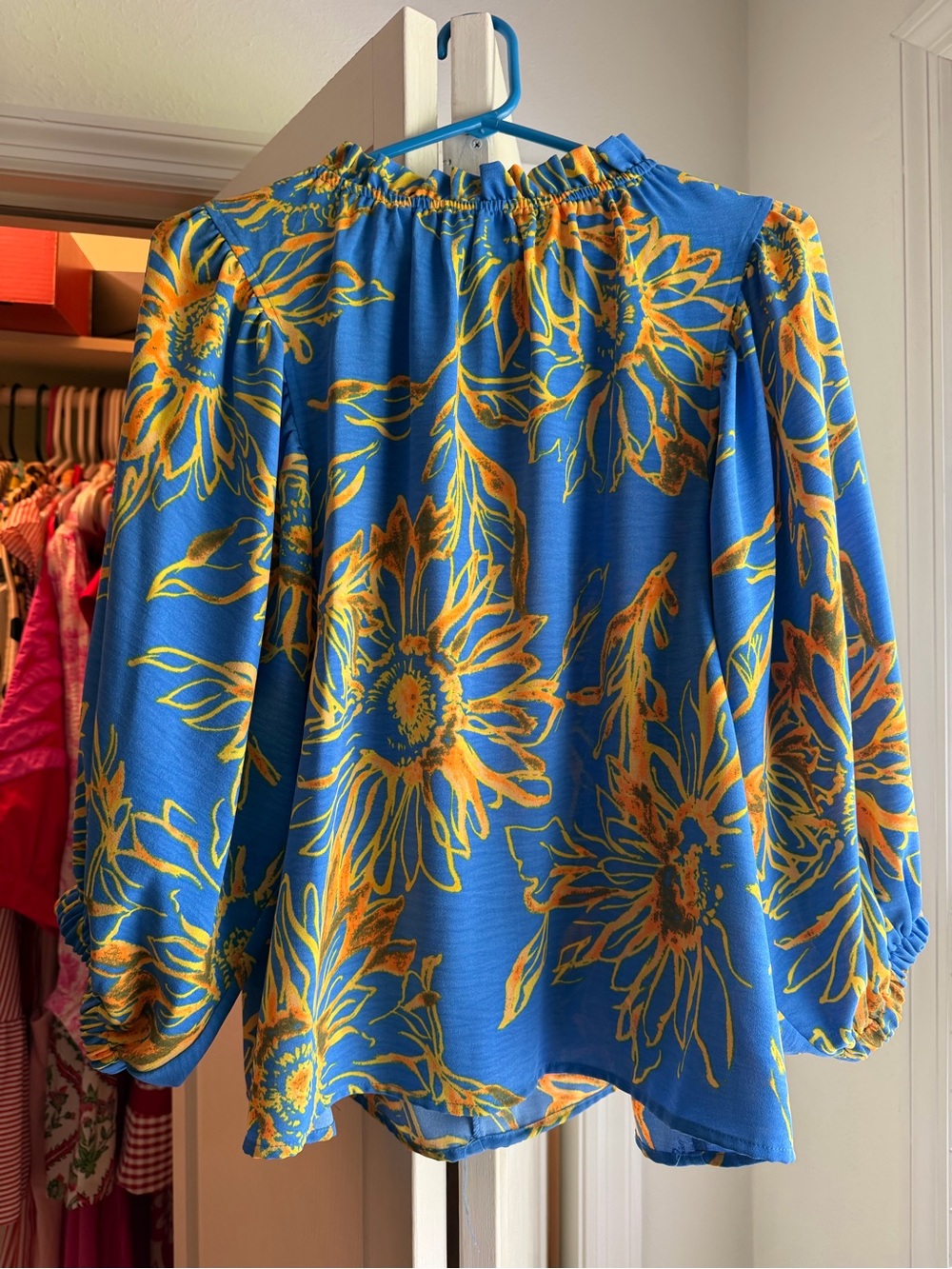 Blue Floral Blouse with Yellow Sunflower Print